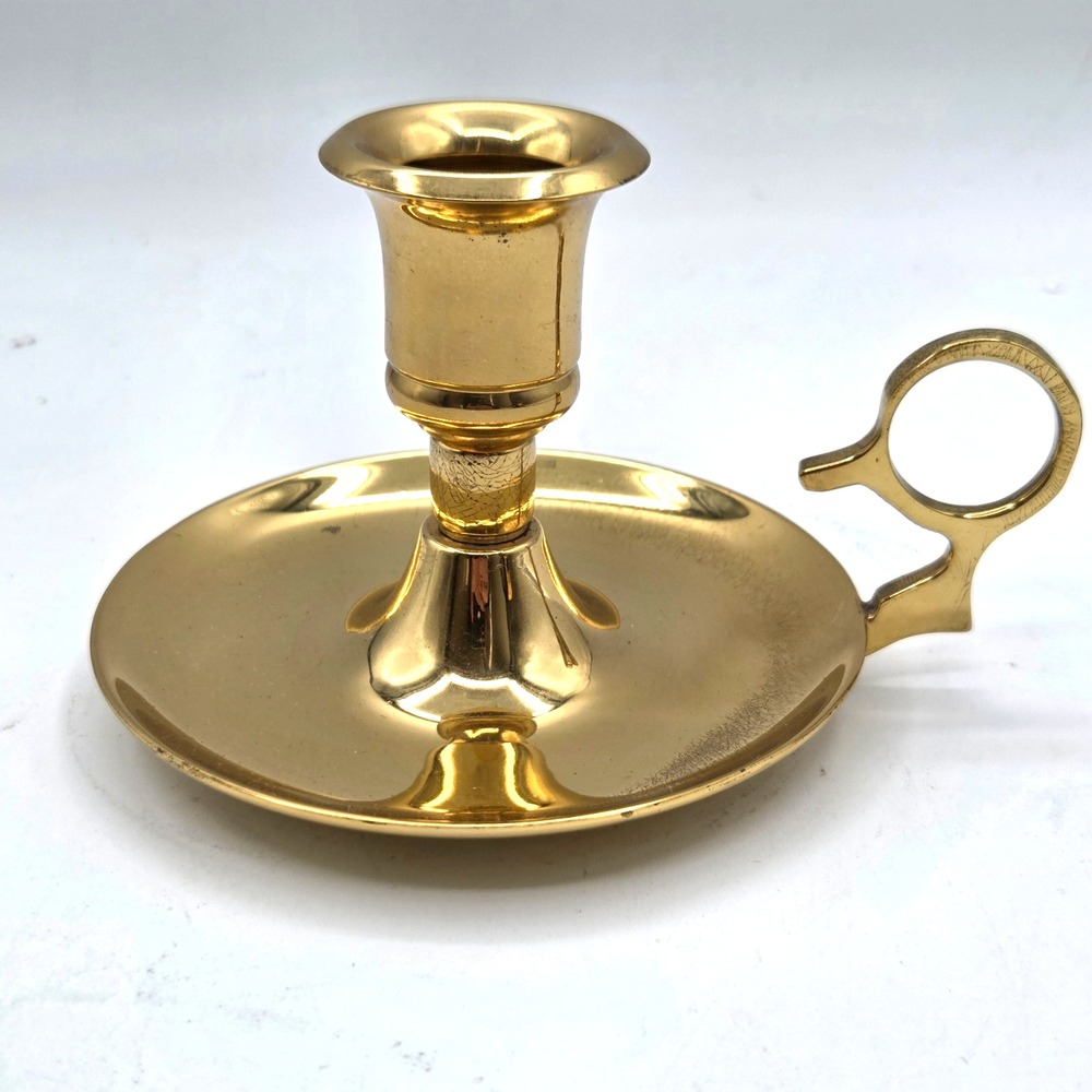 Vintage Solid Brass Chamberstick Candle Holder with Finger Loop Handle 3 inch